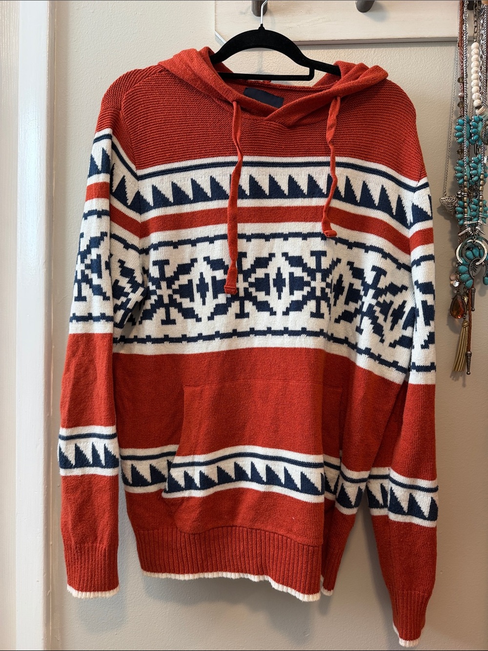 American Eagle Orange/ Rust Patterned Hooded Sweater